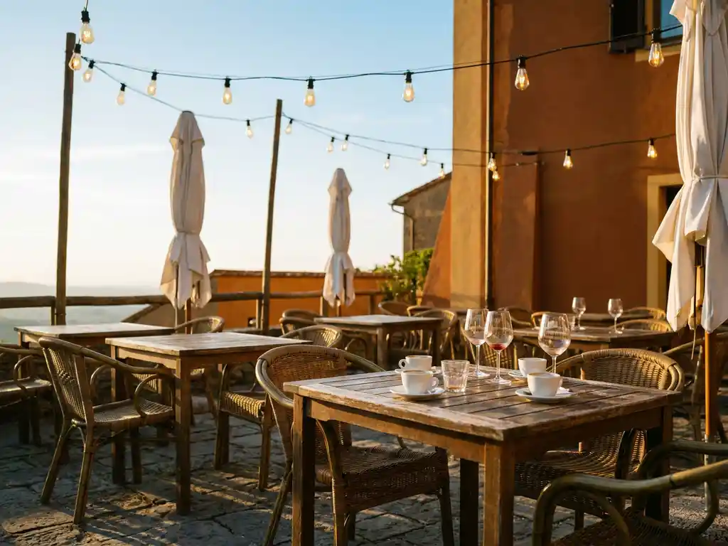 Leeg restaurantterras met houten tafels, rieten stoelen en achtergelaten glazen in warm namiddaglicht